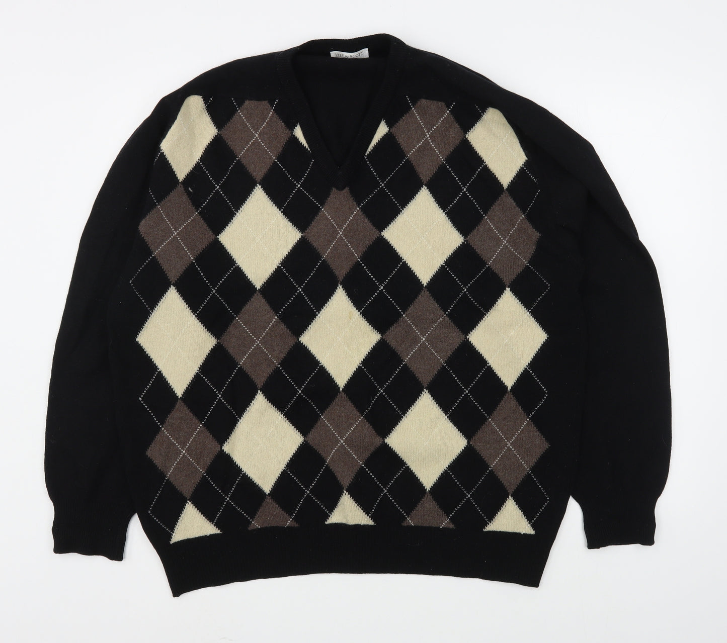 Lyle & Scott Mens Black V-Neck Argyle/Diamond Acrylic Pullover Jumper Size XL