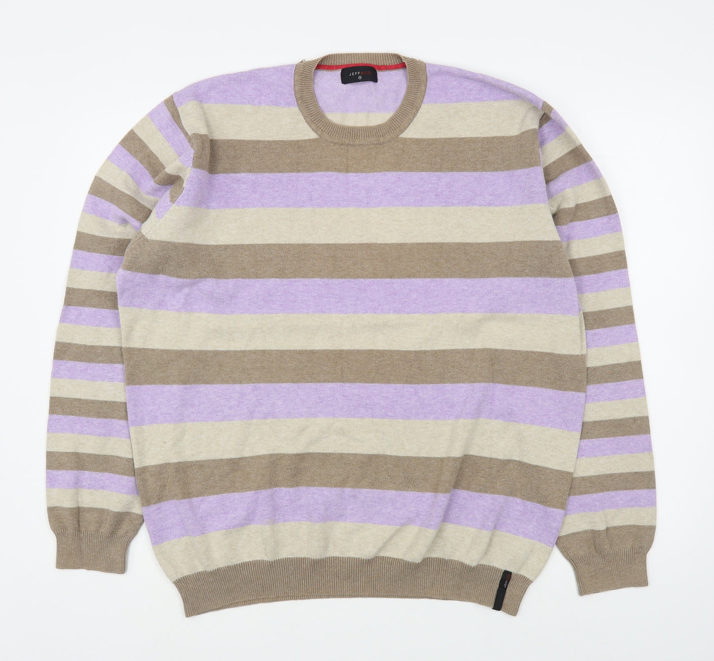 Jeff & Co Mens Multicoloured Round Neck Striped Cotton Pullover Jumper Size L