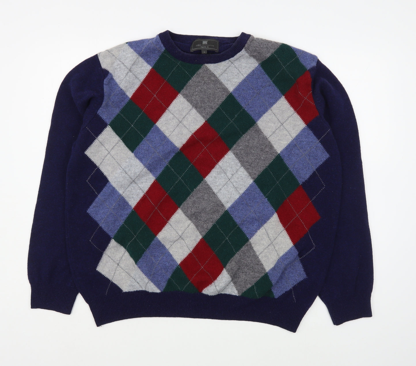 Marks and Spencer Mens Blue Round Neck  Wool Pullover Jumper Size L