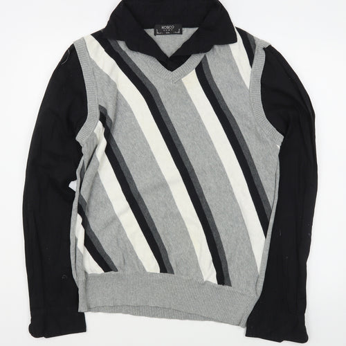 Nobco Mens Grey Collared Striped Acrylic Pullover Jumper Size 2XL