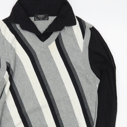 Nobco Mens Grey Collared Striped Acrylic Pullover Jumper Size 2XL