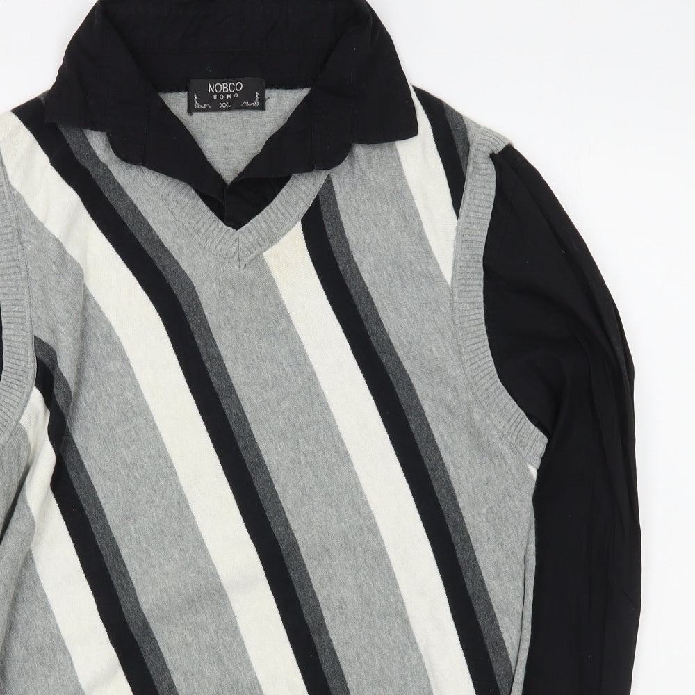 Nobco Mens Grey Collared Striped Acrylic Pullover Jumper Size 2XL