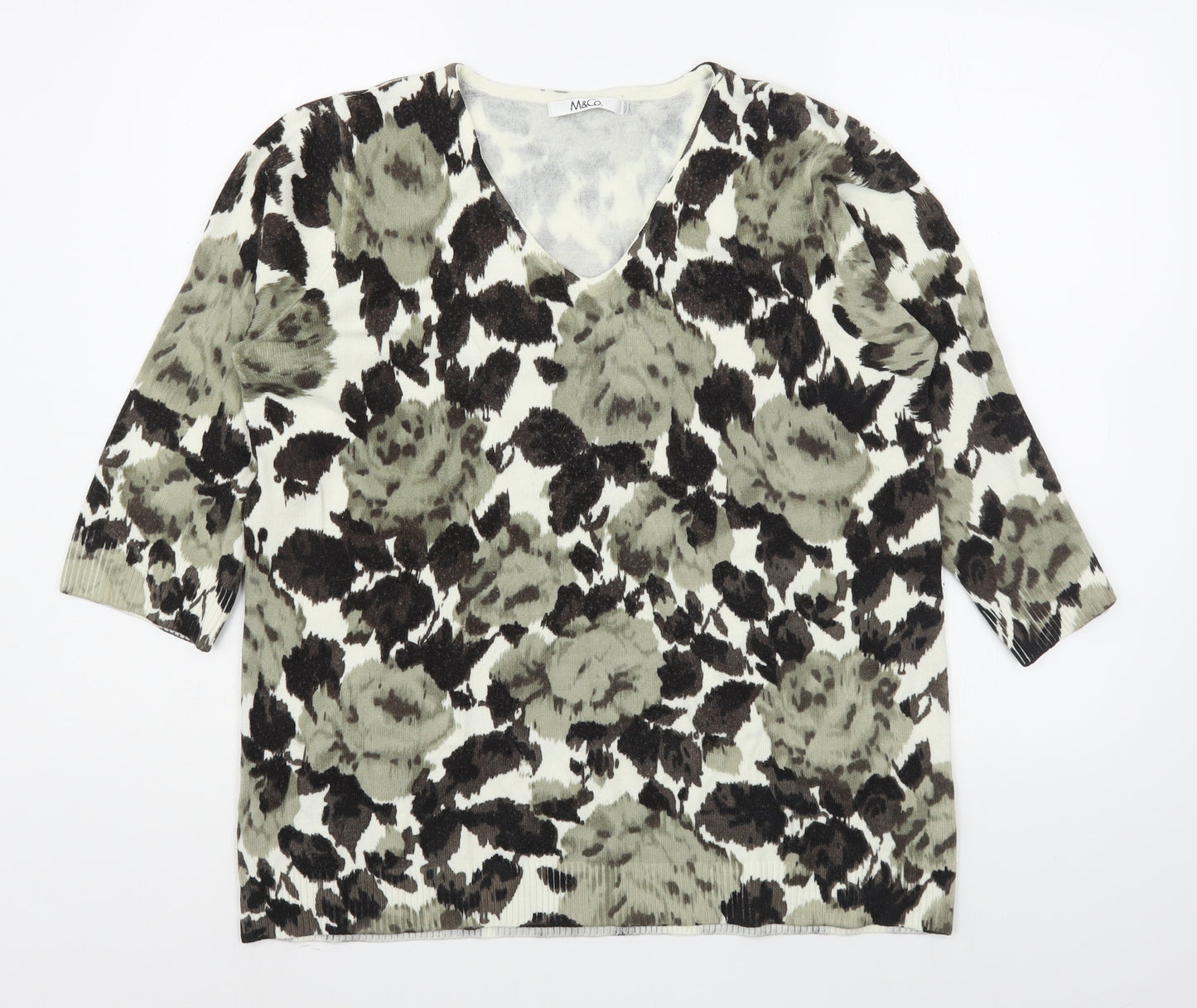 M&Co Womens Grey V-Neck Floral Acrylic Pullover Jumper Size 18