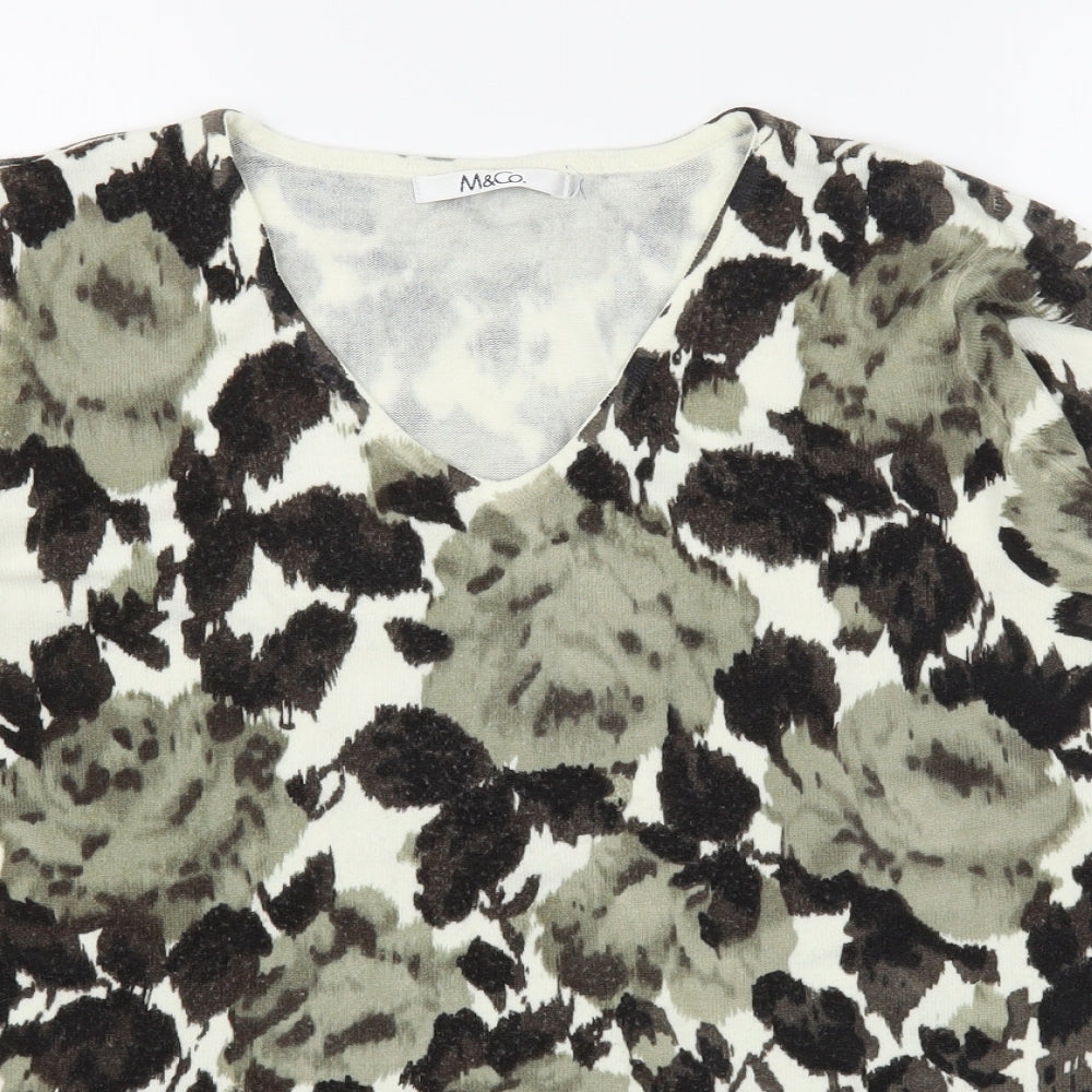 M&Co Womens Grey V-Neck Floral Acrylic Pullover Jumper Size 18
