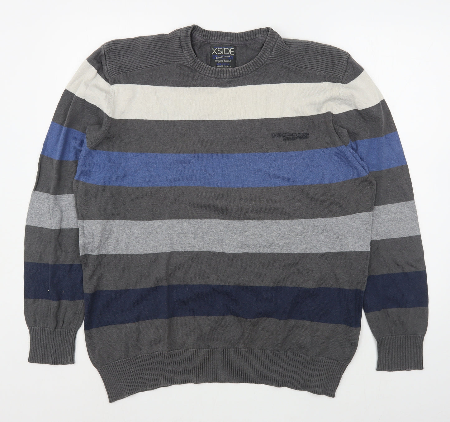 XSide Mens Grey Round Neck Striped Cotton Pullover Jumper Size 2XL