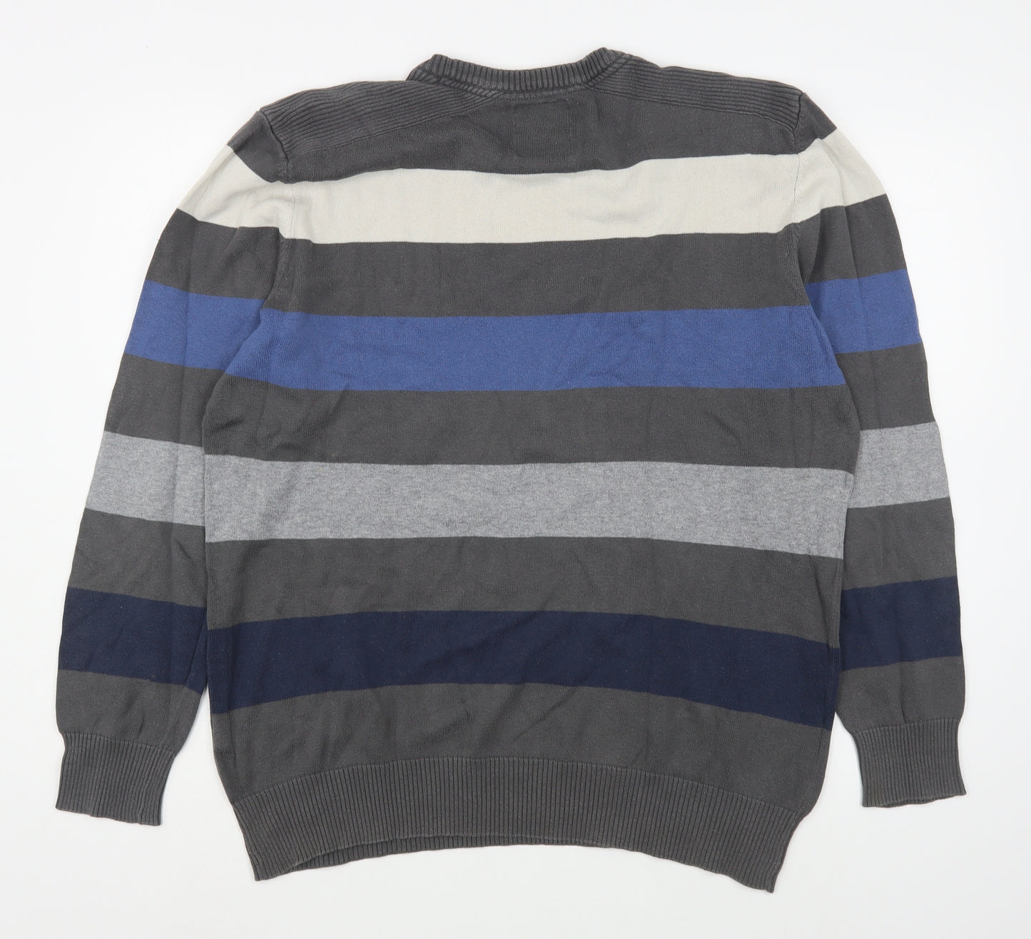 XSide Mens Grey Round Neck Striped Cotton Pullover Jumper Size 2XL