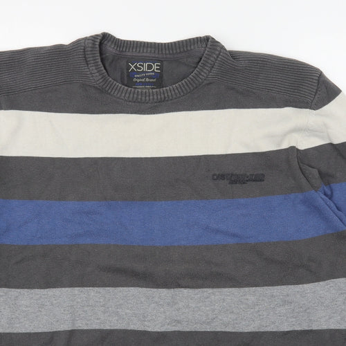 XSide Mens Grey Round Neck Striped Cotton Pullover Jumper Size 2XL
