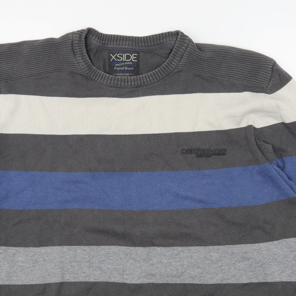 XSide Mens Grey Round Neck Striped Cotton Pullover Jumper Size 2XL