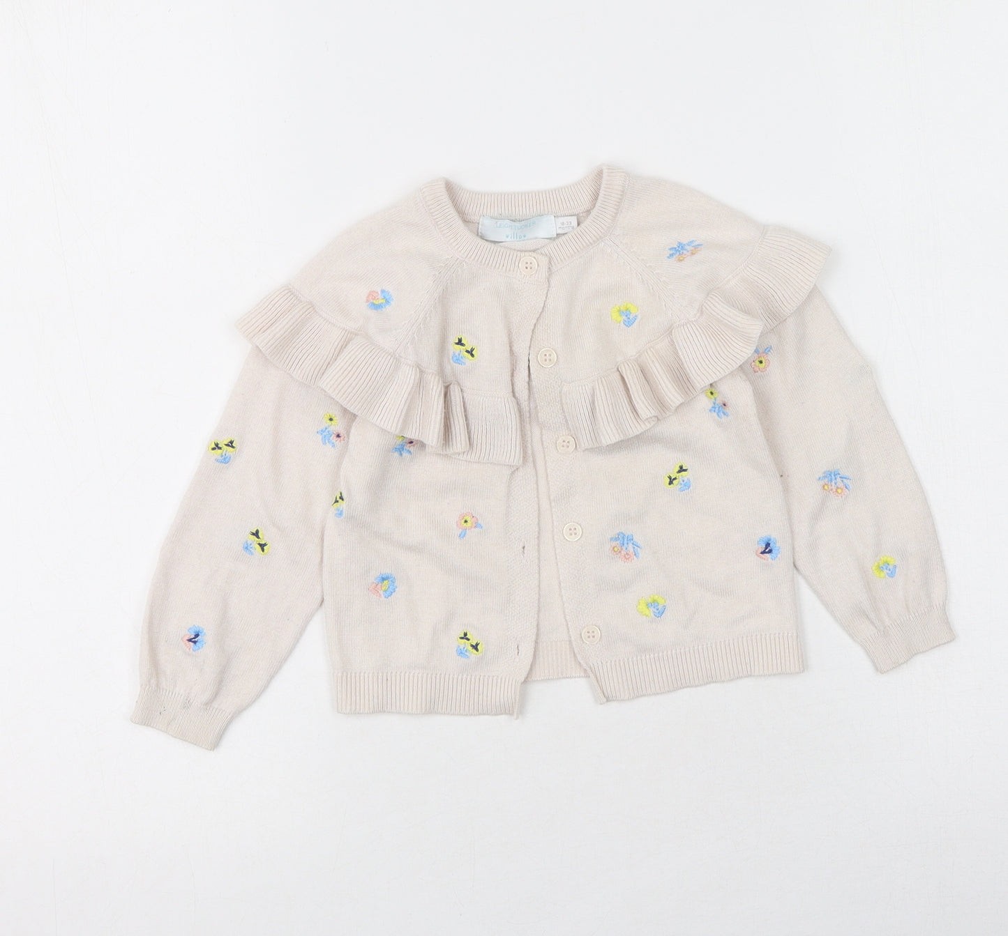 Leigh Tucker Girls Beige Floral Acrylic Cardigan Jumper Size 18-24 Months