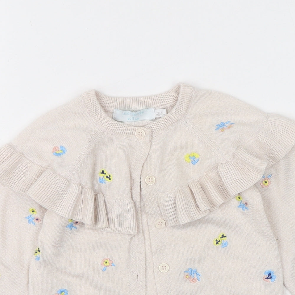 Leigh Tucker Girls Beige Floral Acrylic Cardigan Jumper Size 18-24 Months