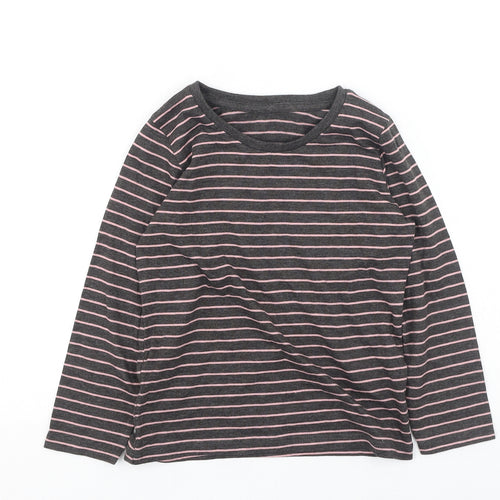 Preworn Girls Grey Striped Cotton Basic Casual Size 3-4 Years Round Neck