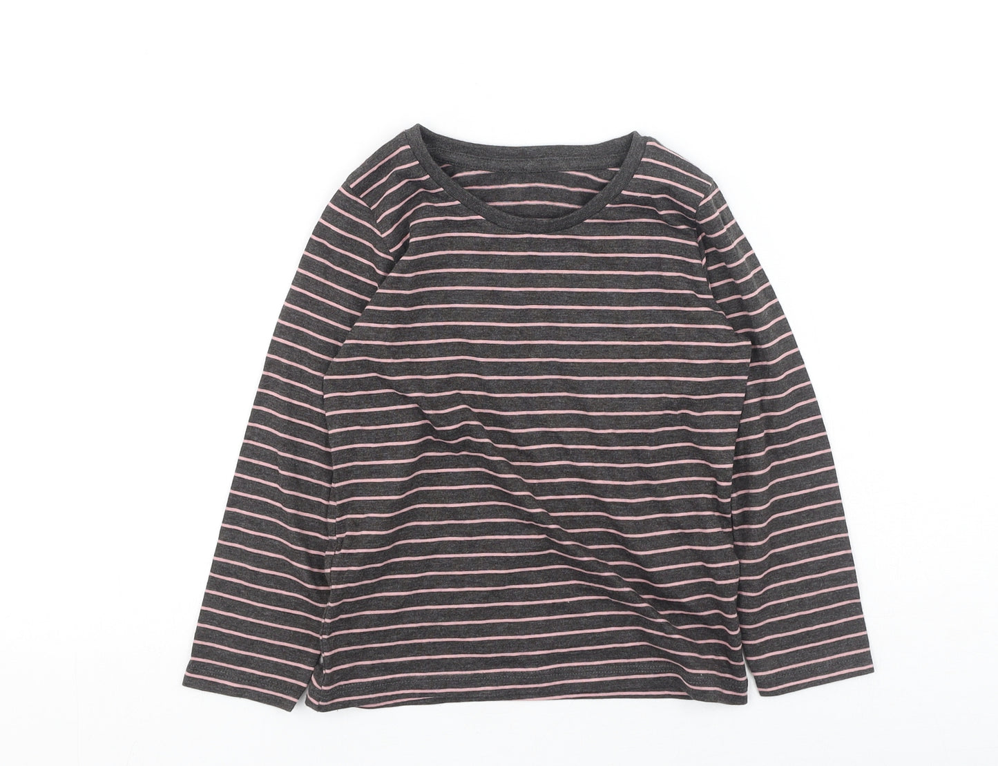 Preworn Girls Grey Striped Cotton Basic Casual Size 3-4 Years Round Neck