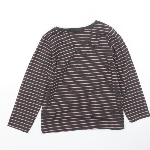 Preworn Girls Grey Striped Cotton Basic Casual Size 3-4 Years Round Neck