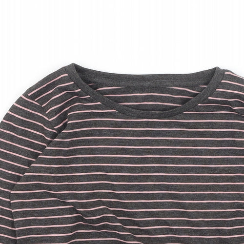 Preworn Girls Grey Striped Cotton Basic Casual Size 3-4 Years Round Neck