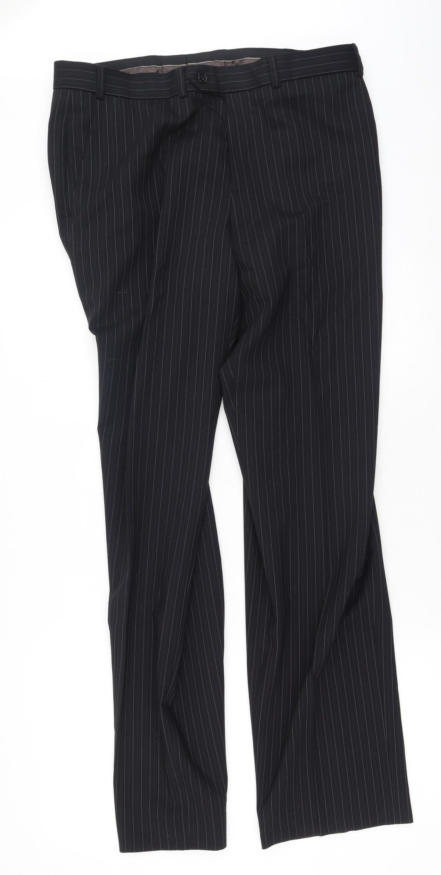 Marks and Spencer Mens Black Striped Wool Trousers  Size 36 L33 in Regular