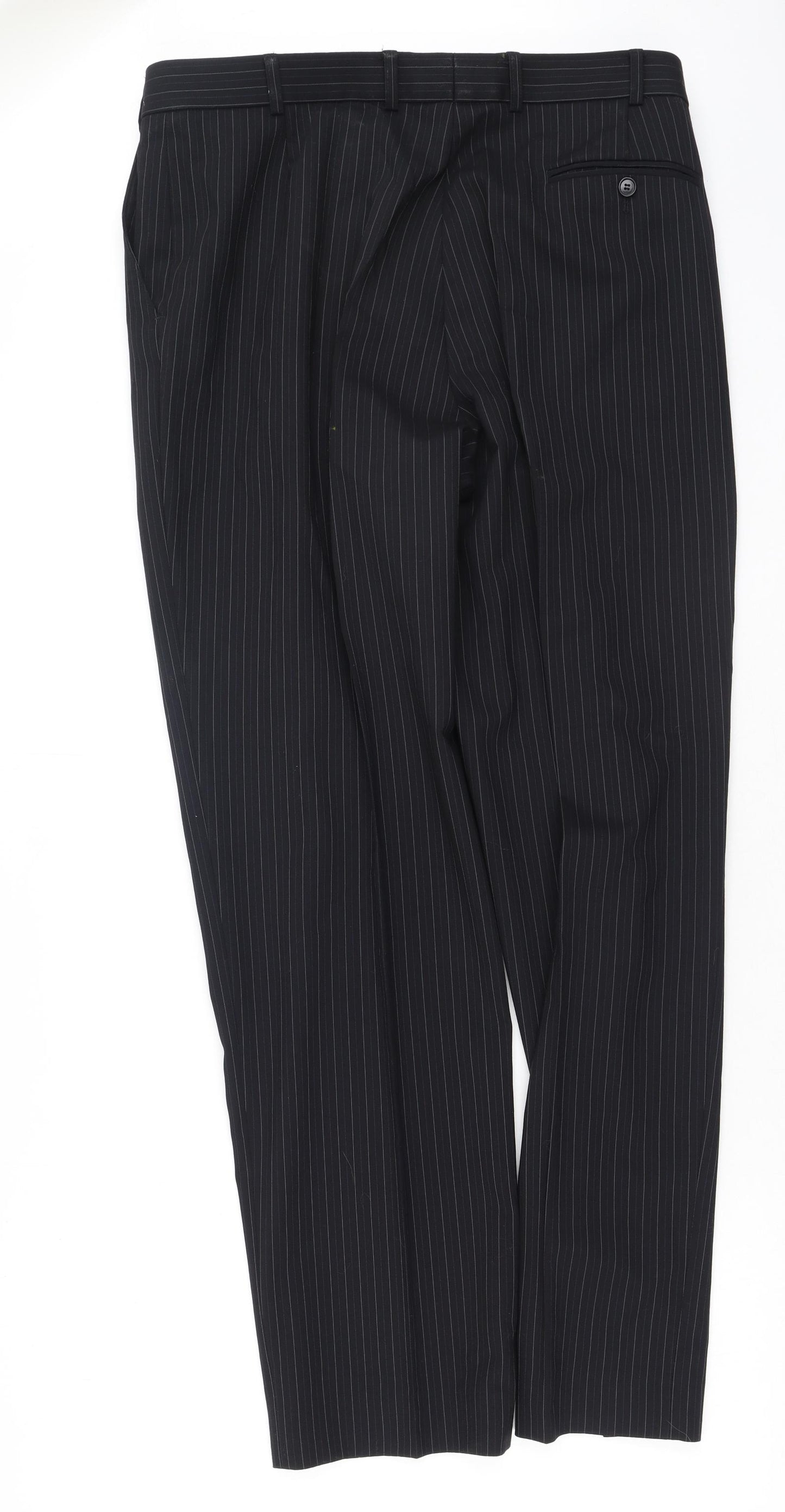 Marks and Spencer Mens Black Striped Wool Trousers  Size 36 L33 in Regular