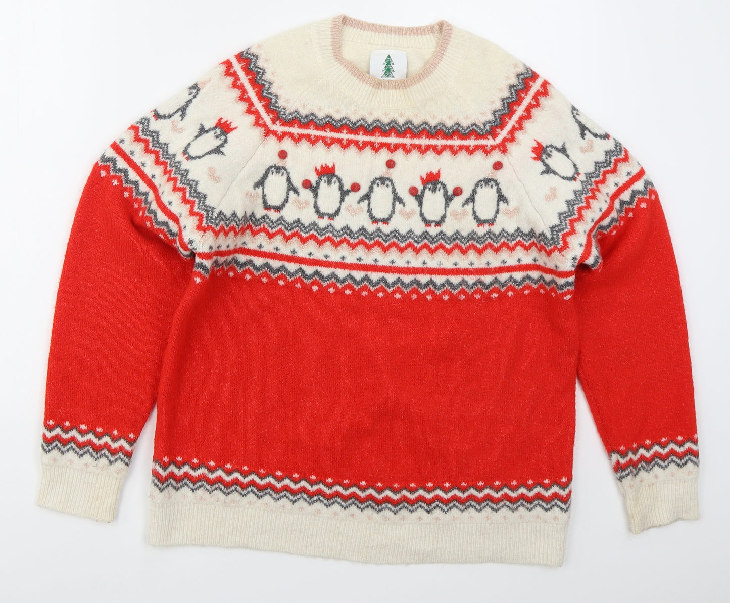 George Womens Red Crew Neck Fair Isle Polyester Pullover Jumper Size L   - Christmas Penguins