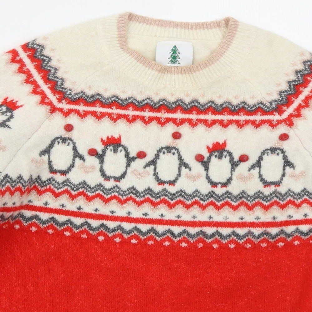George Womens Red Crew Neck Fair Isle Polyester Pullover Jumper Size L   - Christmas Penguins