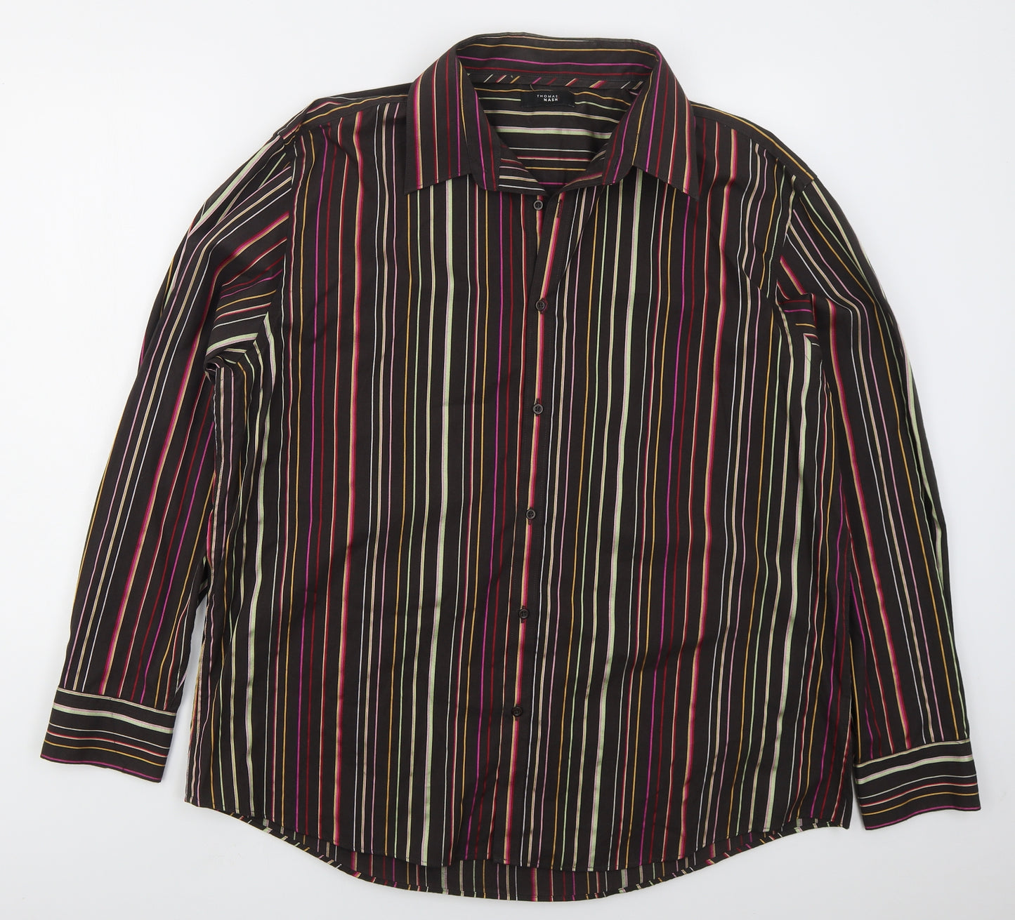 Thomas Nash Mens Brown Striped Cotton  Button-Up Size XL Collared Button
