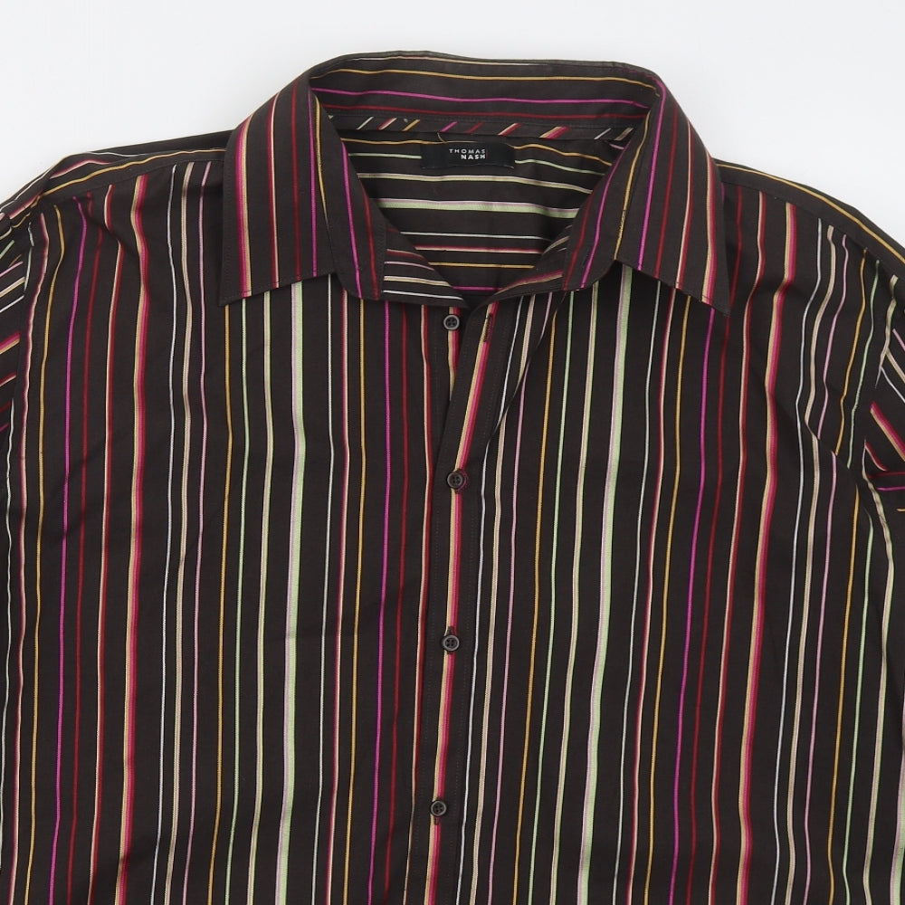Thomas Nash Mens Brown Striped Cotton  Button-Up Size XL Collared Button
