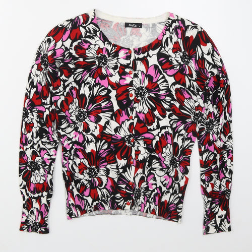 M&Co Womens Red Round Neck Floral Cotton Cardigan Jumper Size 10