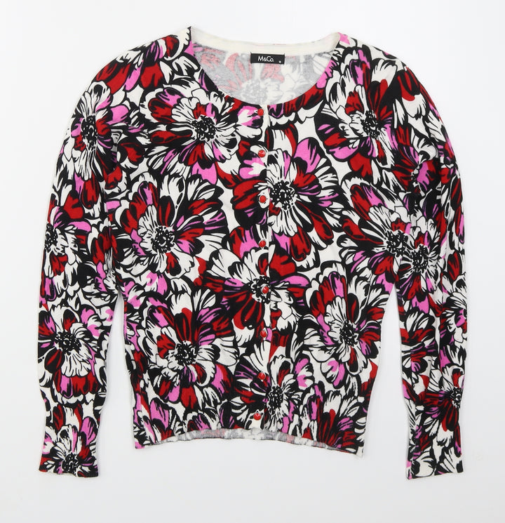 M&Co Womens Red Round Neck Floral Cotton Cardigan Jumper Size 10