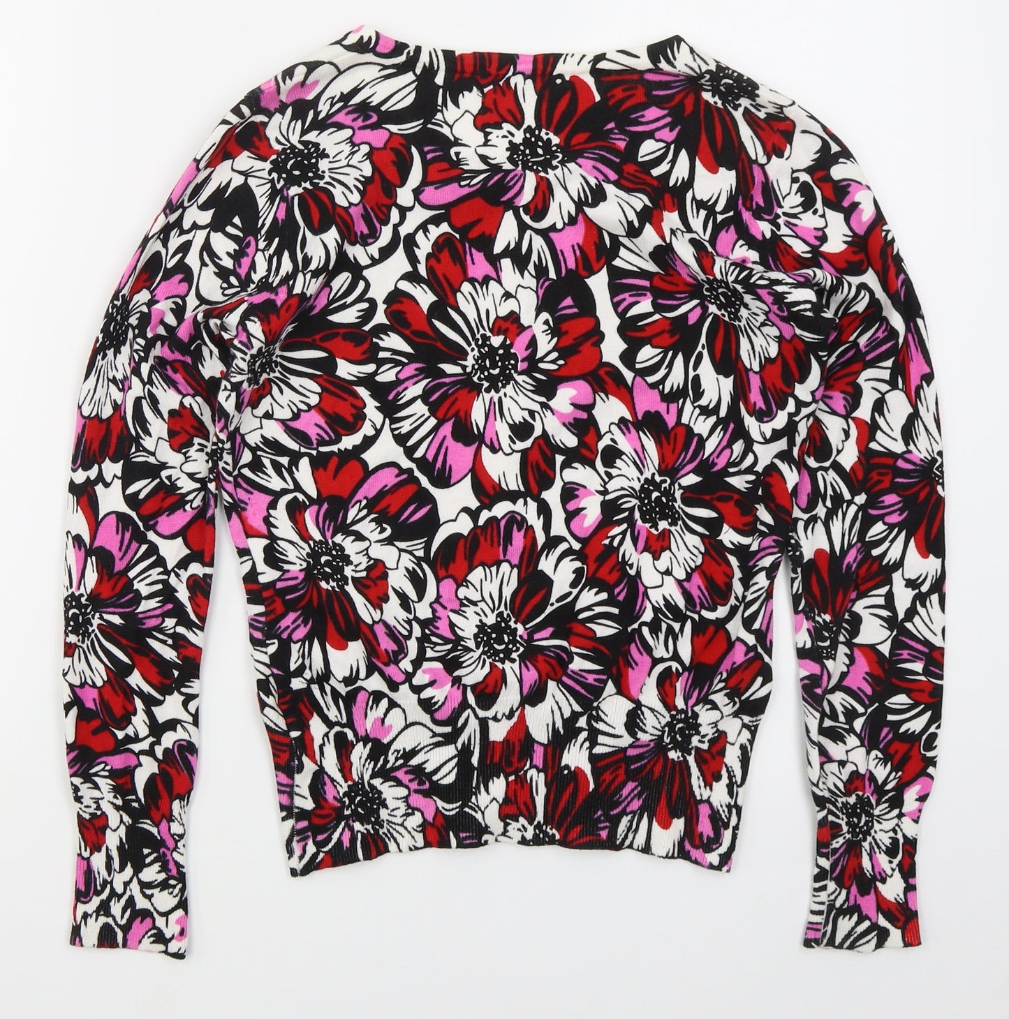 M&Co Womens Red Round Neck Floral Cotton Cardigan Jumper Size 10