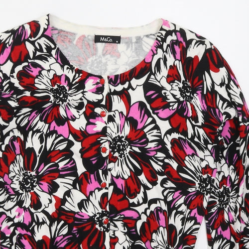 M&Co Womens Red Round Neck Floral Cotton Cardigan Jumper Size 10