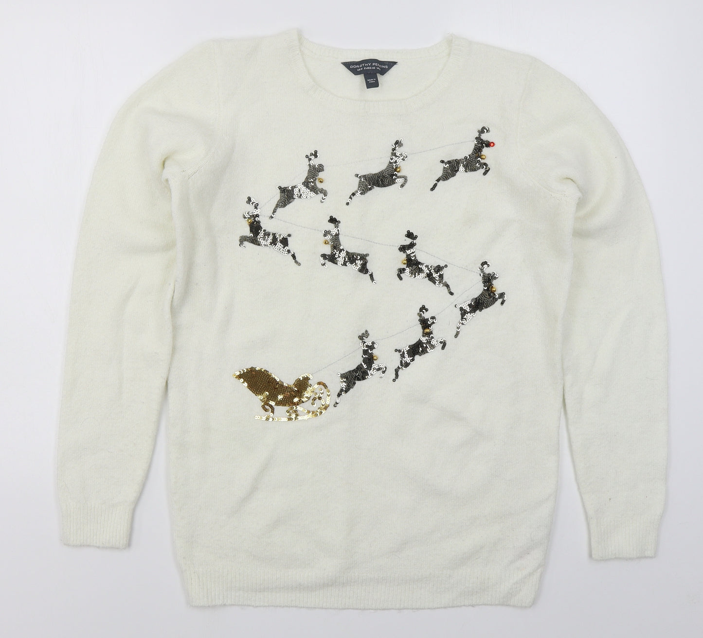 Dorothy Perkins Womens Ivory Crew Neck  Acrylic Pullover Jumper Size 12   - Reindeers Bells
