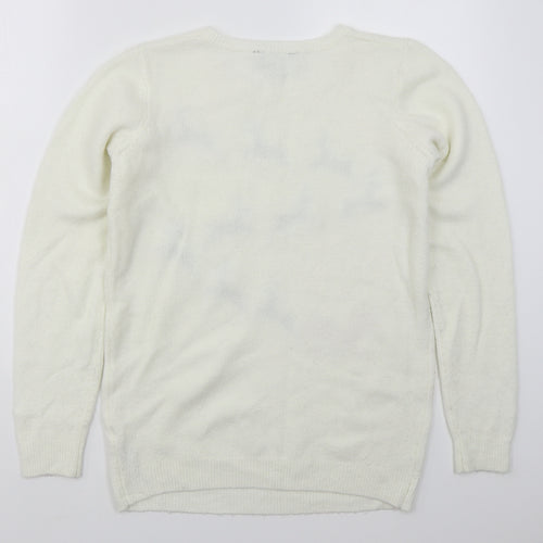 Dorothy Perkins Womens Ivory Crew Neck  Acrylic Pullover Jumper Size 12   - Reindeers Bells