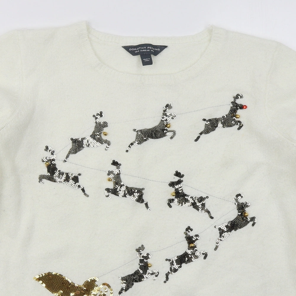 Dorothy Perkins Womens Ivory Crew Neck  Acrylic Pullover Jumper Size 12   - Reindeers Bells