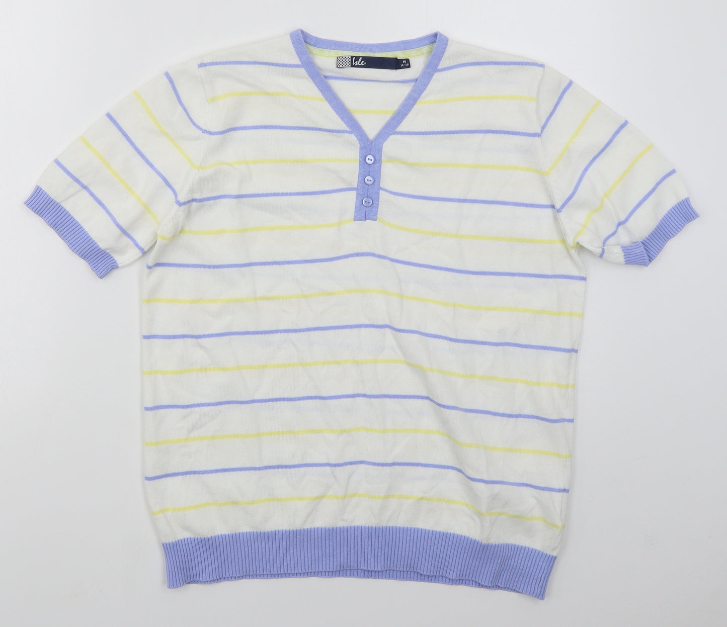 Isle Womens White V-Neck Striped Cotton Pullover Jumper Size 14   - Blue and Yellow