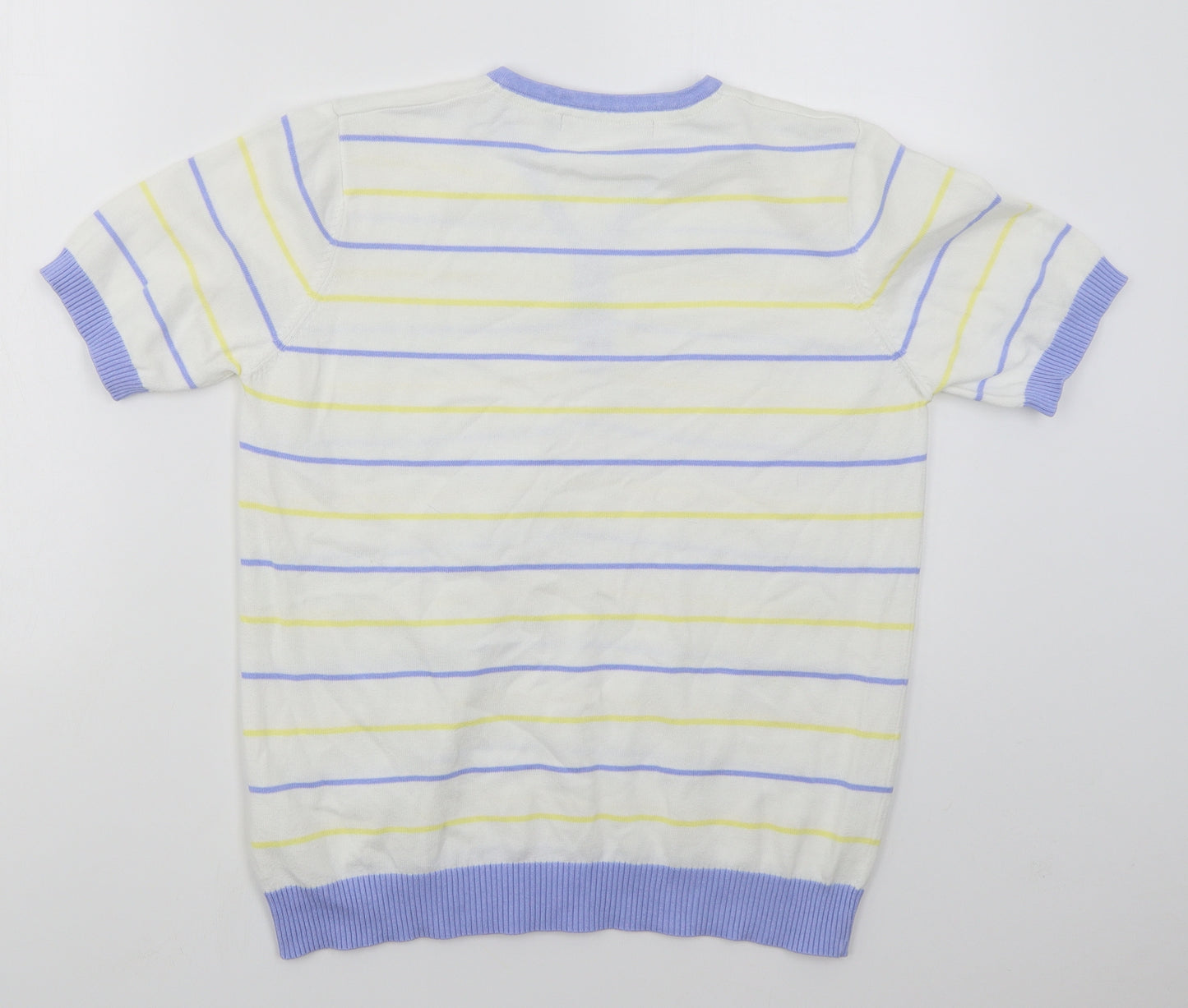 Isle Womens White V-Neck Striped Cotton Pullover Jumper Size 14   - Blue and Yellow
