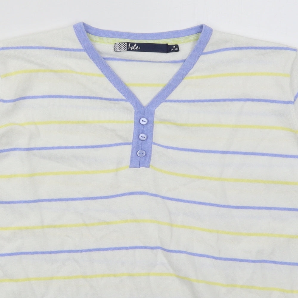 Isle Womens White V-Neck Striped Cotton Pullover Jumper Size 14   - Blue and Yellow