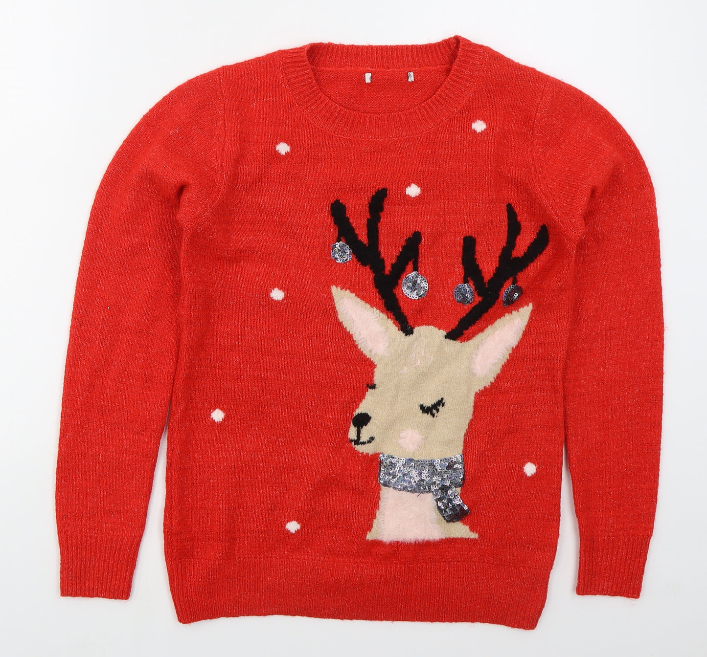 TU Womens Red Crew Neck  Acrylic Pullover Jumper Size 10   - Rudolph