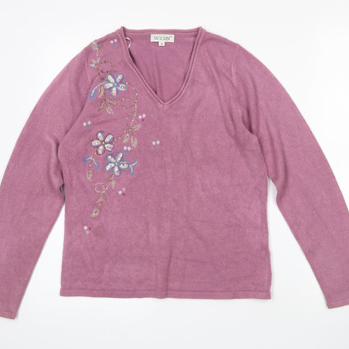 Fay Louise Womens Purple V-Neck Floral Acrylic Pullover Jumper Size M