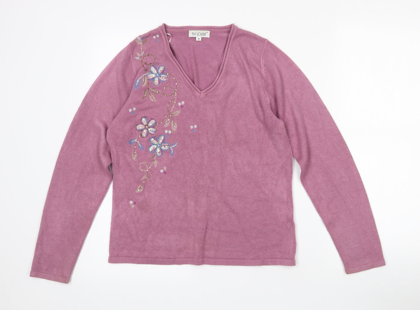 Fay Louise Womens Purple V-Neck Floral Acrylic Pullover Jumper Size M