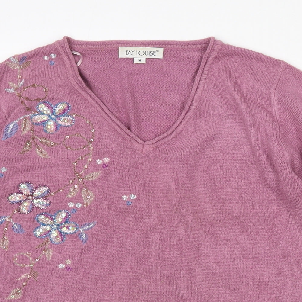 Fay Louise Womens Purple V-Neck Floral Acrylic Pullover Jumper Size M
