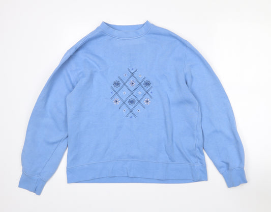 Front view of women’s blue floral polyester pullover sweatshirt, size L, - l/xl