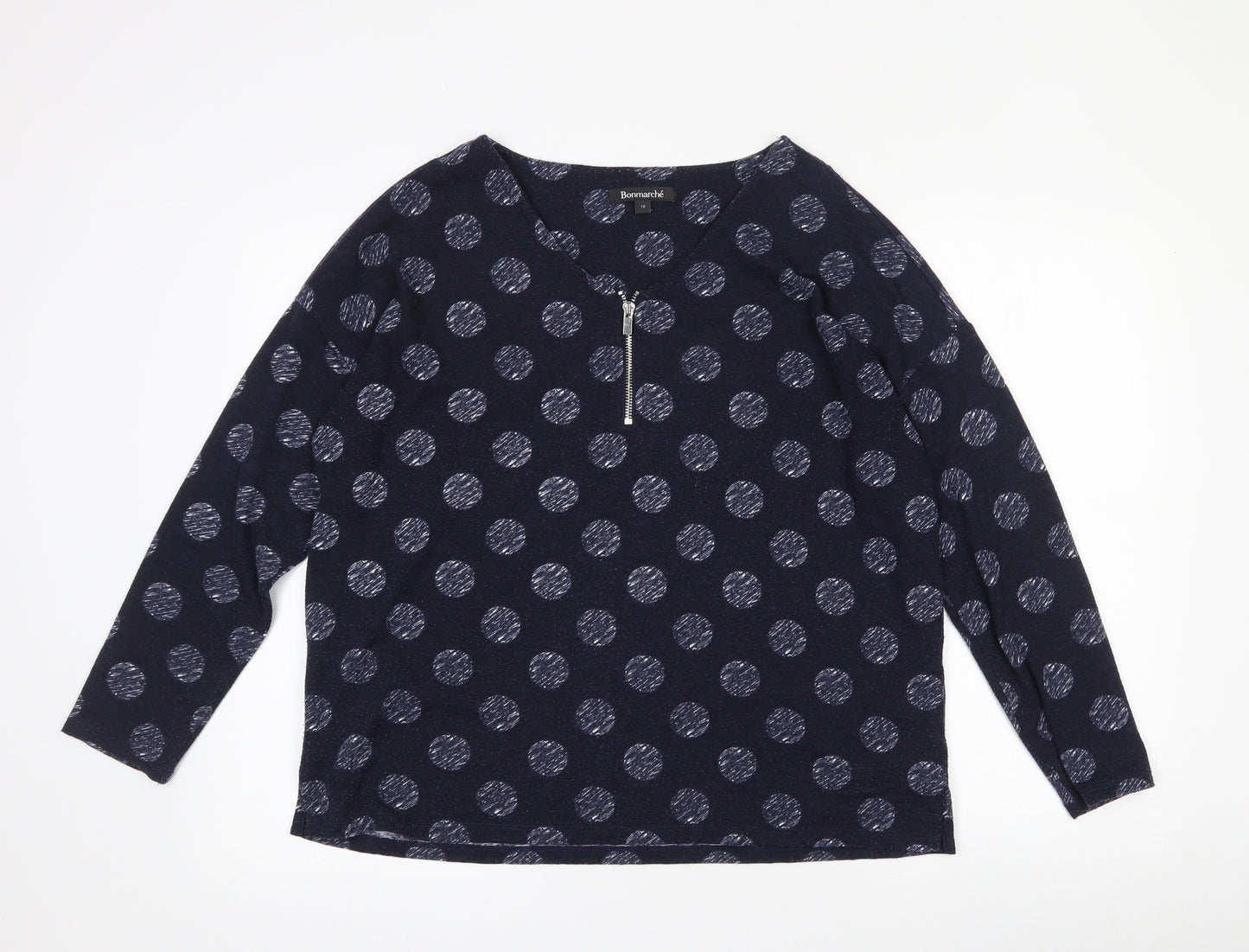 Bonmarché Womens Blue Polka Dot Polyester Jersey T-Shirt Size 12 Round Neck