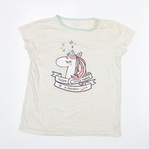 Primark Girls Ivory Striped Cotton Basic T-Shirt Size 11-12 Years Crew Neck  - Unicorn print