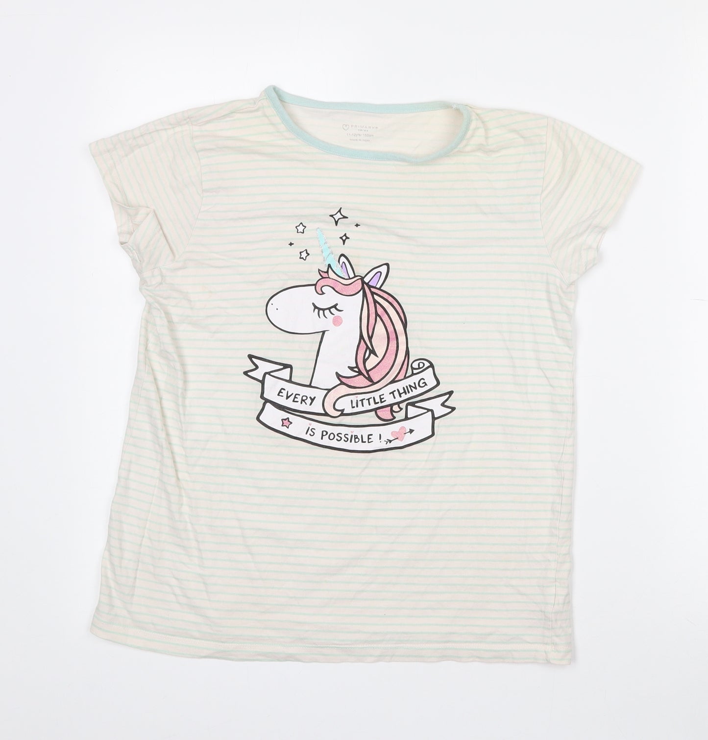 Primark Girls Ivory Striped Cotton Basic T-Shirt Size 11-12 Years Crew Neck  - Unicorn print