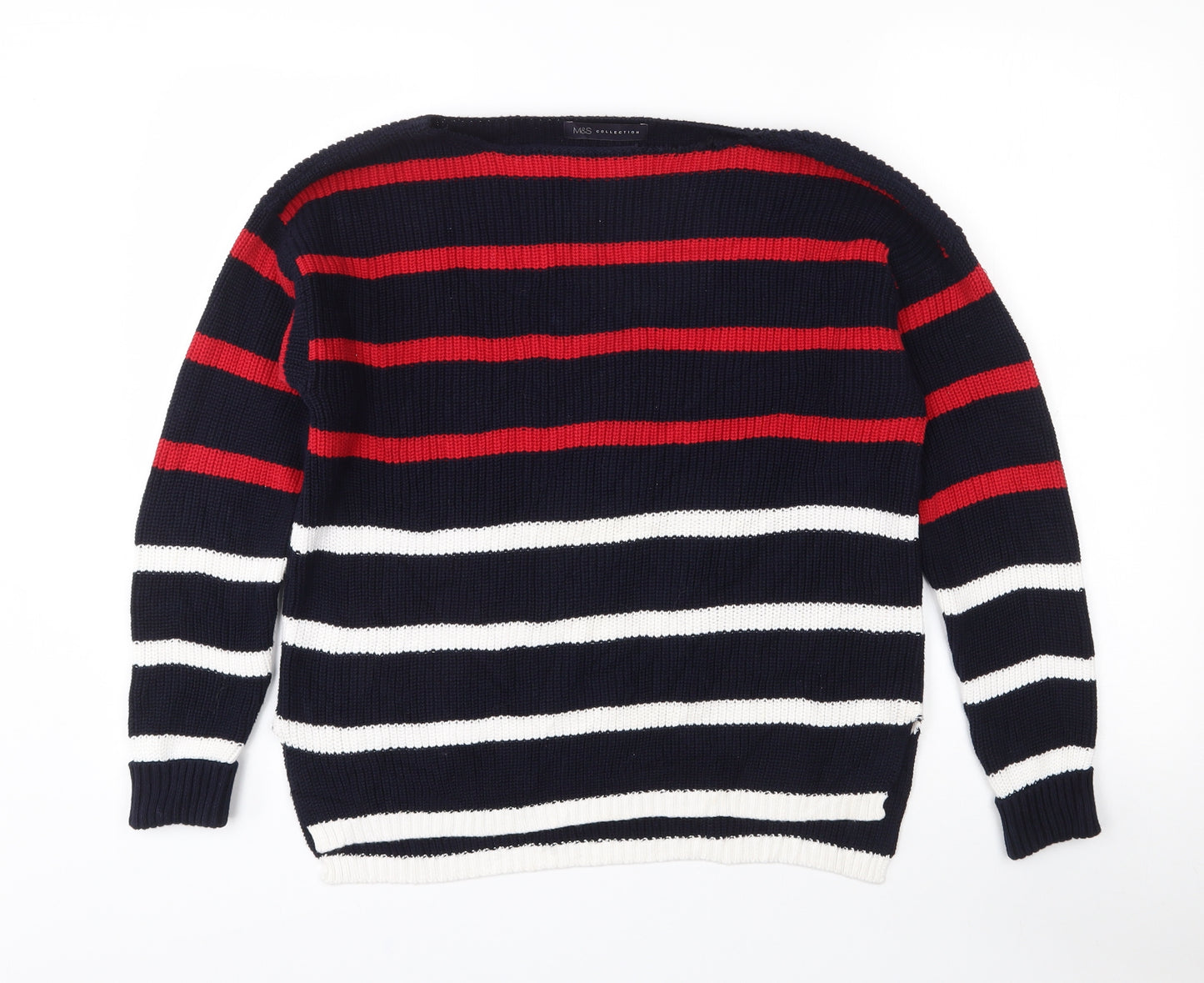 Marks and Spencer Womens Black Boat Neck Striped Cotton Pullover Jumper Size M