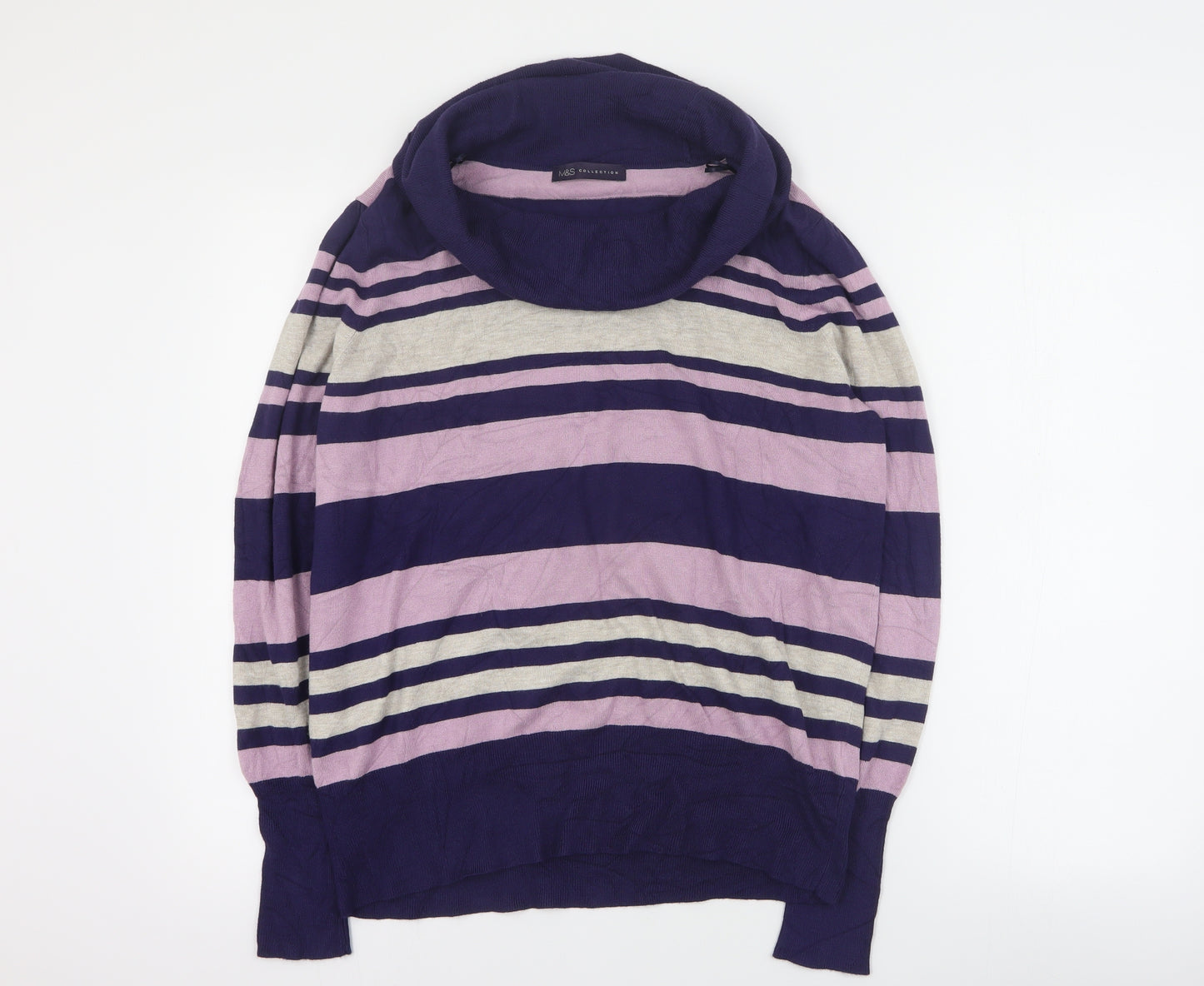 Marks and Spencer Womens Blue Roll Neck Striped Viscose Pullover Jumper Size 18