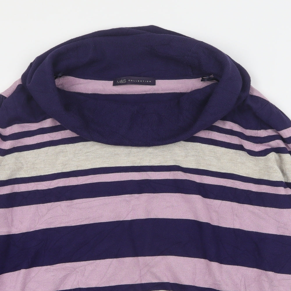 Marks and Spencer Womens Blue Roll Neck Striped Viscose Pullover Jumper Size 18