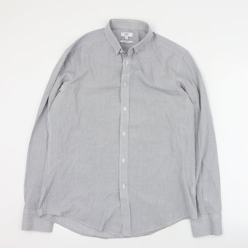 F&F Mens Grey Plaid Polyester  Button-Up Size 15.5 Collared Button