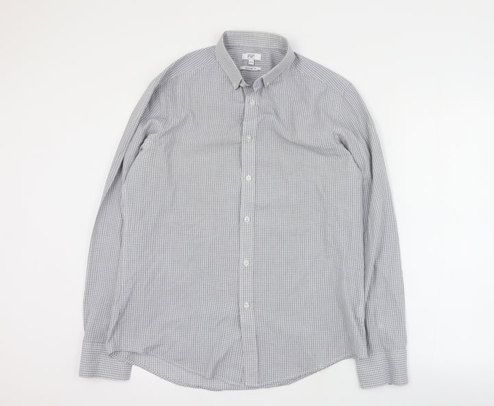 F&F Mens Grey Plaid Polyester Button-Up Size 15.5 Collared Button