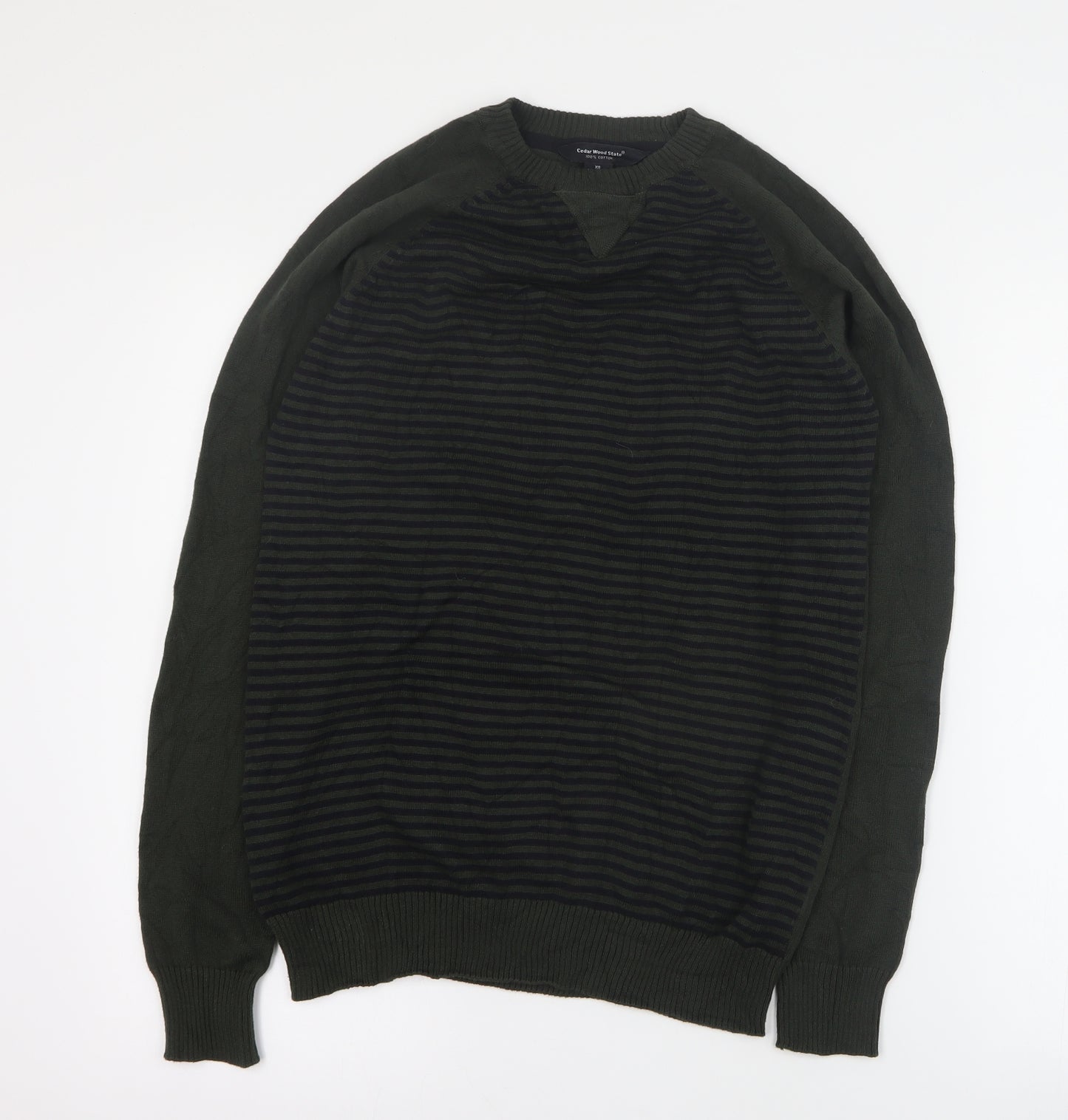 Primark Mens Green Crew Neck Striped Cotton Pullover Jumper Size XS