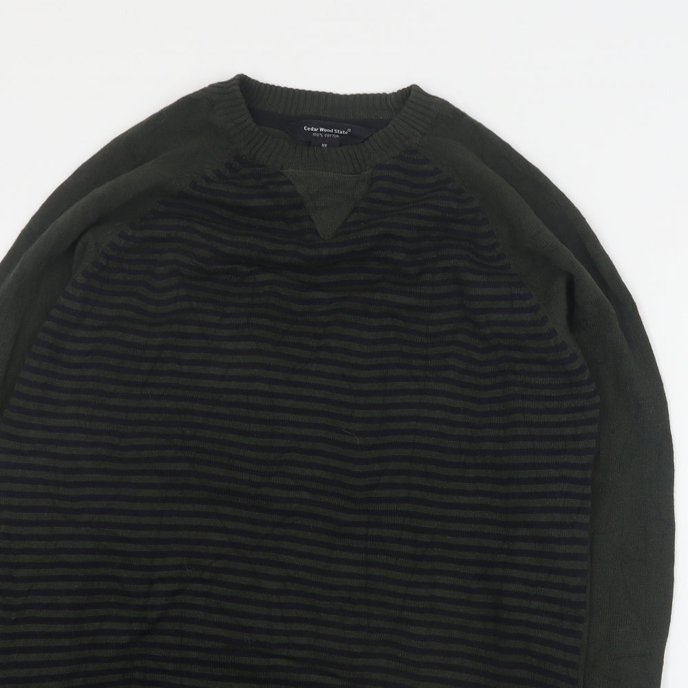 Primark Mens Green Crew Neck Striped Cotton Pullover Jumper Size XS