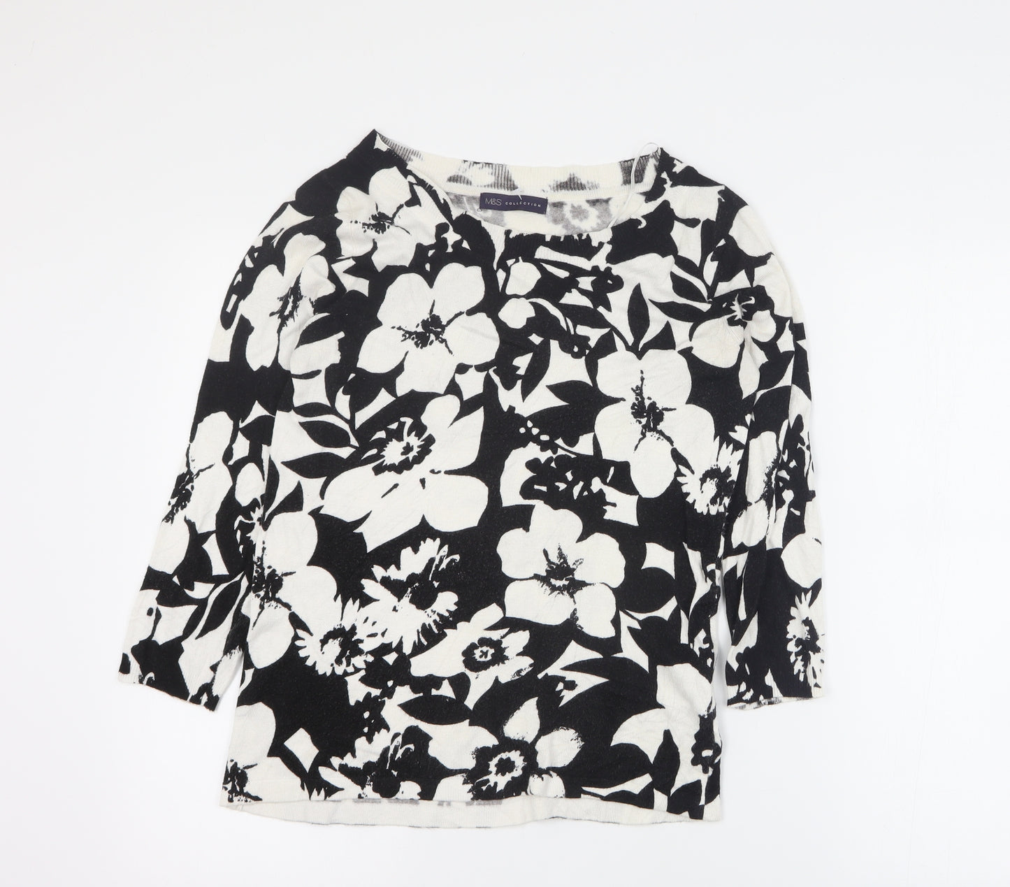Marks and Spencer Womens Black Round Neck Floral Viscose Pullover Jumper Size 8